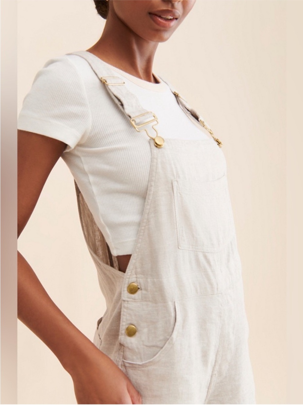 WeWoreWhat Light Beige Short Linen Overalls - Women Size Medium EUC - Picture 2 of 9